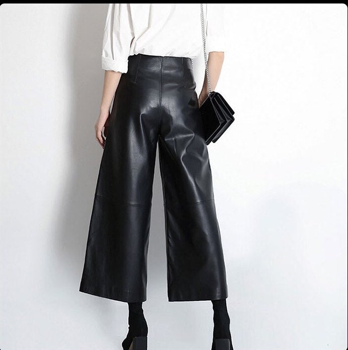 sheepskin genuine leather wide leg pants