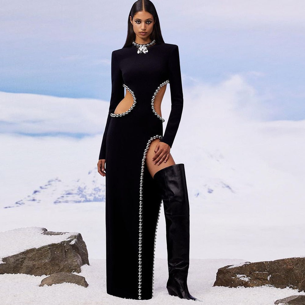 cutout black beaded long body dress