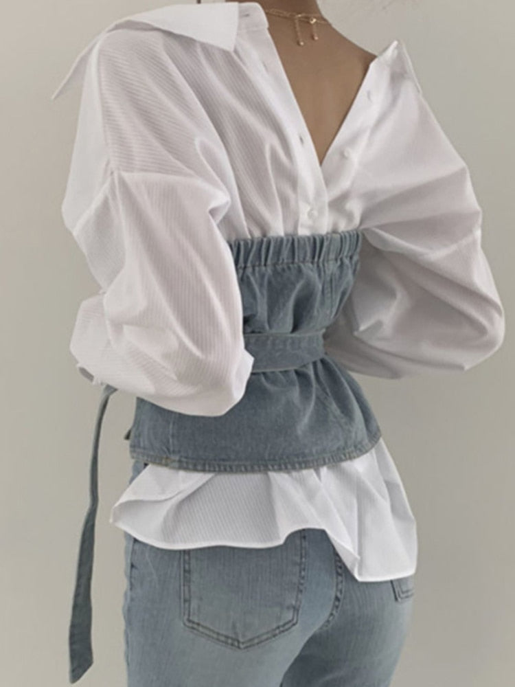 White Shirt + Sleeveless Belt Tube Denim Vest