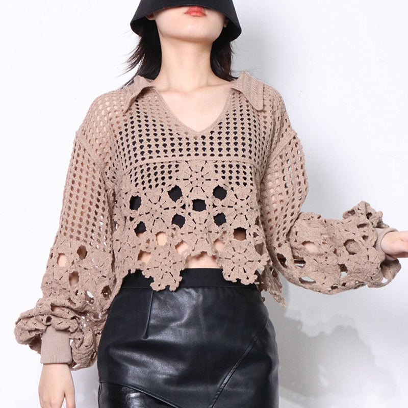 v neck loose long sleeve patchwork cut out pullover coffee / one size