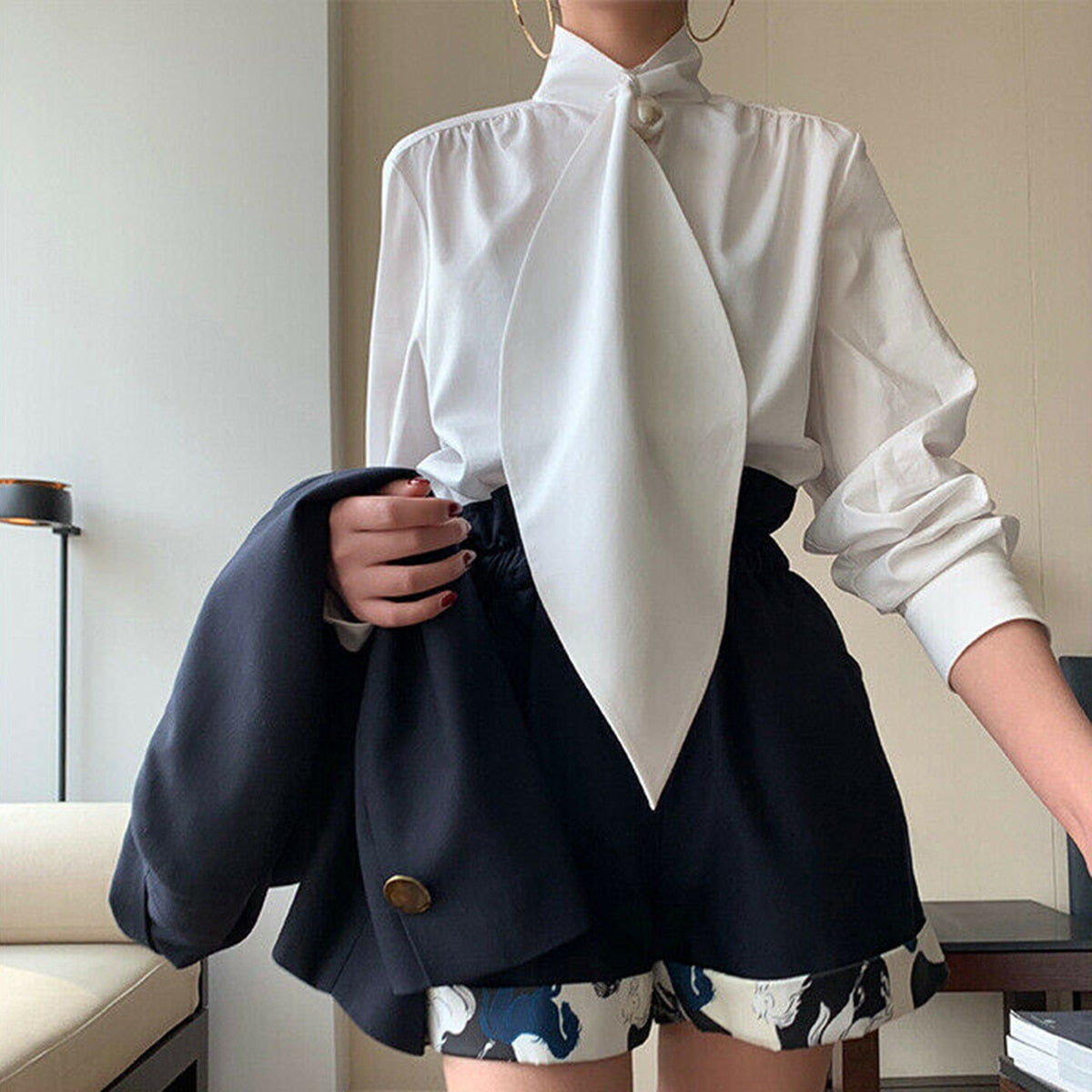 long sleeve pearl tie blouse