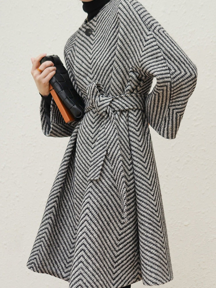 black and white zigzag woolen coat