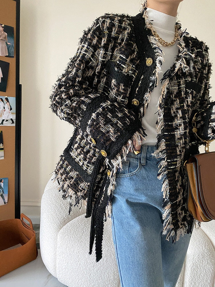 Black Plaid Tassels Tweed Jacket