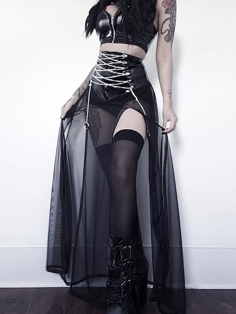 gothic mesh see through faux leather long skirt