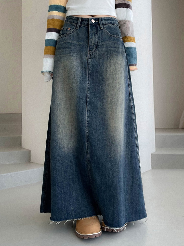 Distressed Low Waist Denim Skirt – Bosom Blouse