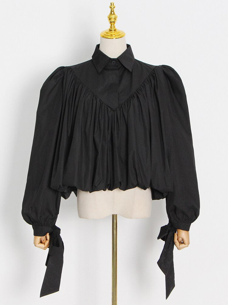 lapel collar long sleeve pleated blouse