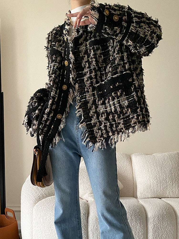 Black Plaid Tassels Tweed Jacket