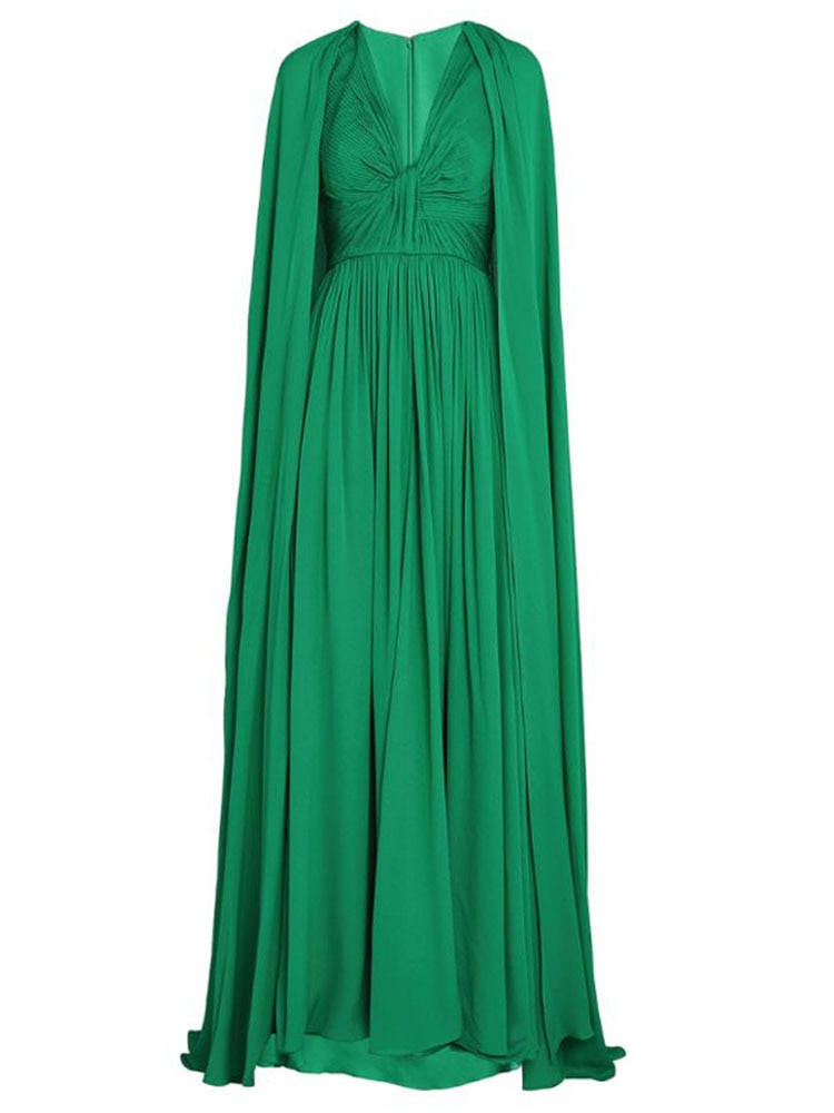 green high waist v-neck long sleeve dress