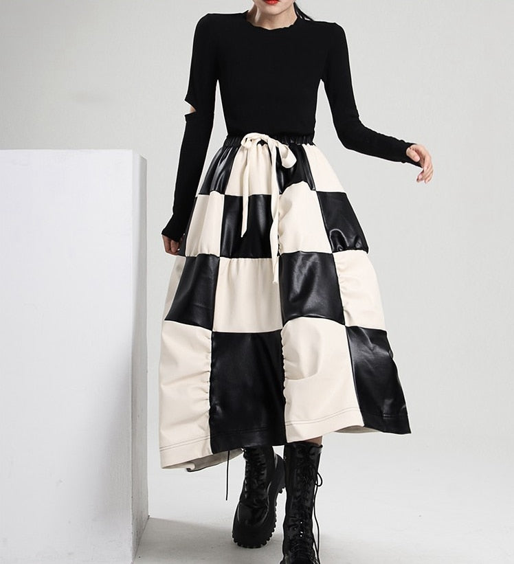contrast patchwork plaid pu skirt