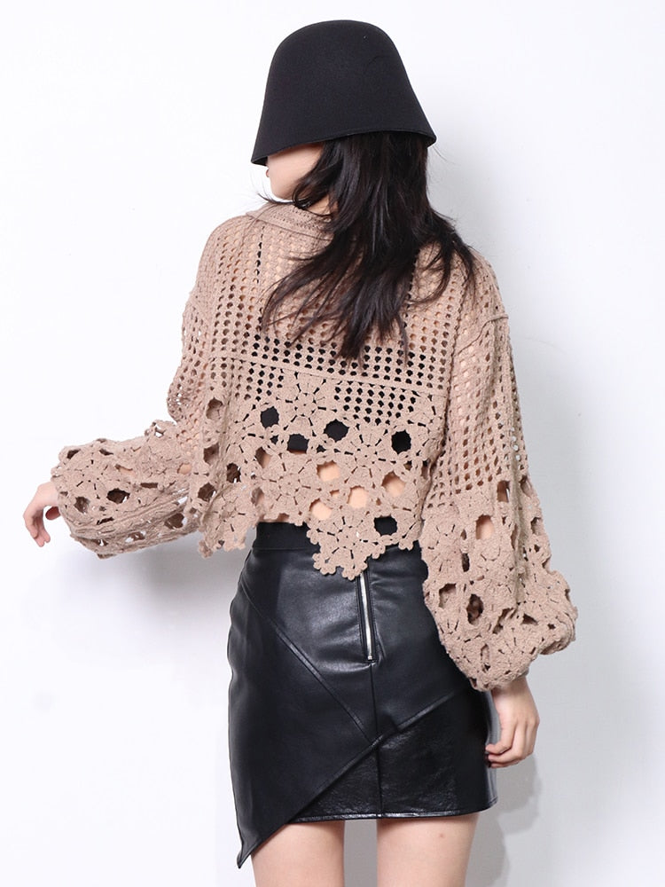 v neck loose long sleeve patchwork cut out pullover