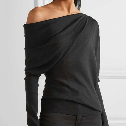 Black Asymmetric One-Shoulder Long Sleeves T-Shirt Top