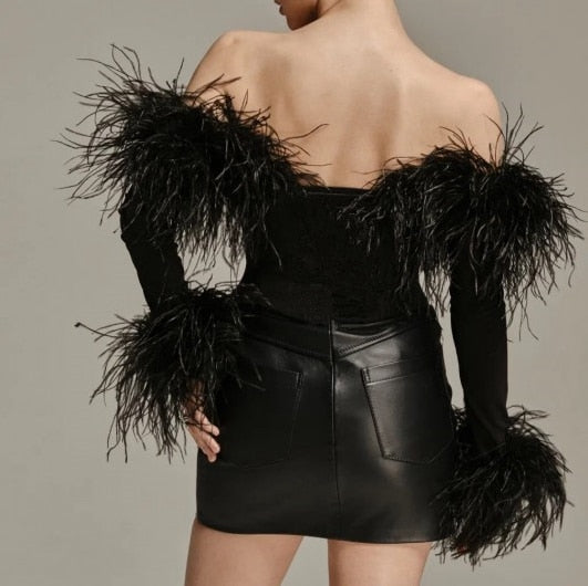 detachable sleeves feathers pu blouse