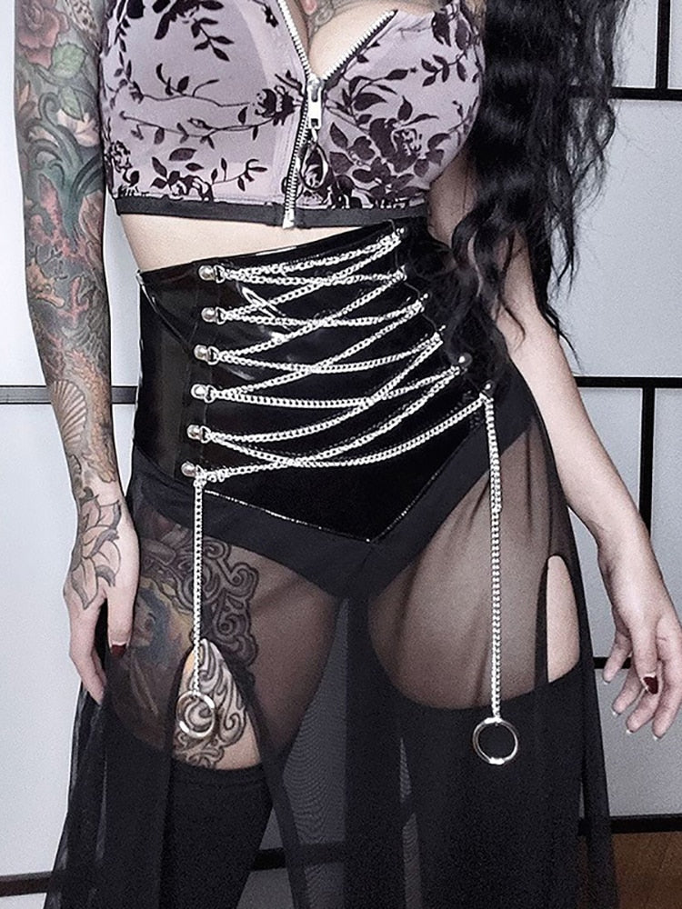 gothic mesh see through faux leather long skirt