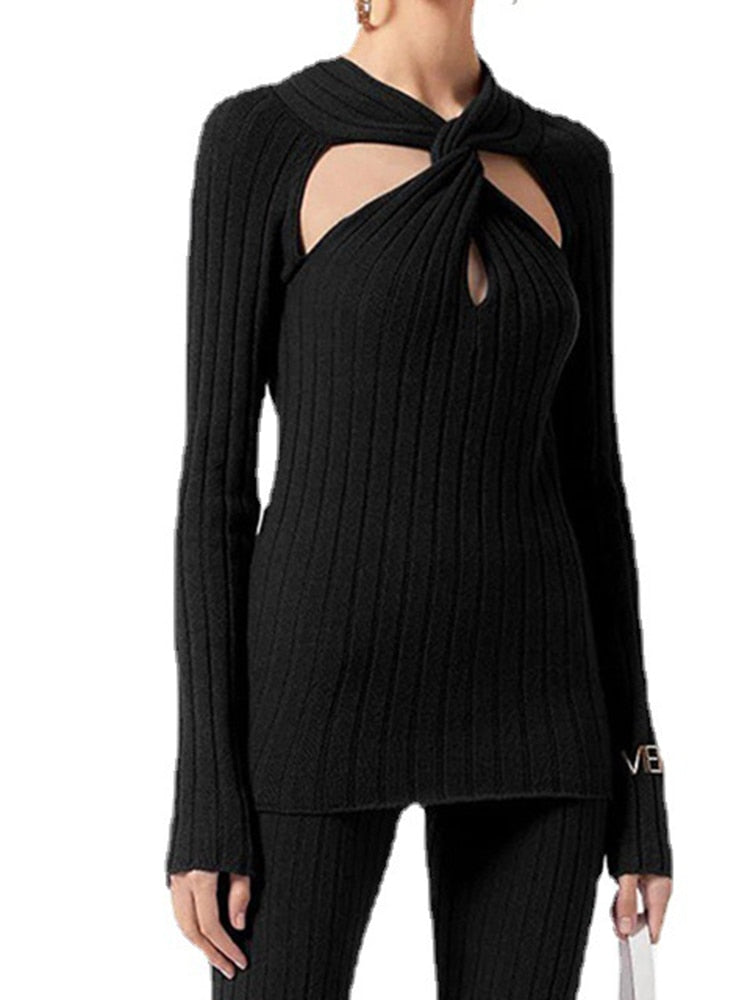 Black Knitted Pullover Long Sleeve Cut Out Sweater