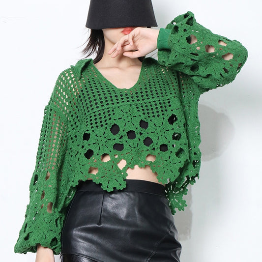 v neck loose long sleeve patchwork cut out pullover green / one size