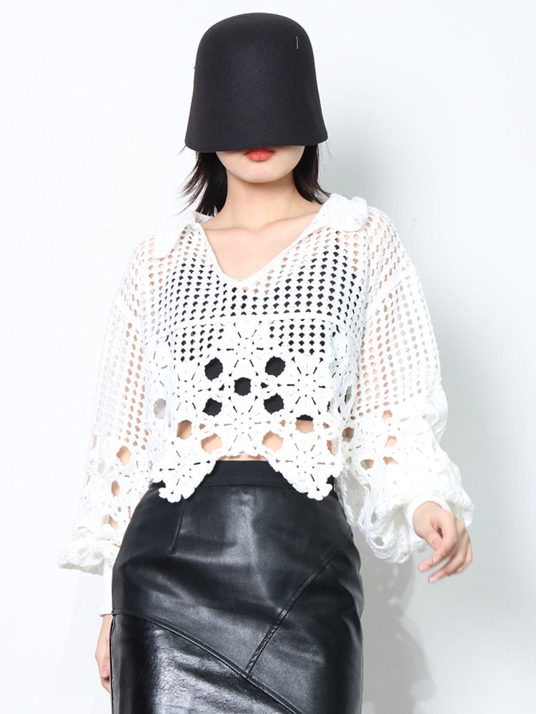 v neck loose long sleeve patchwork cut out pullover