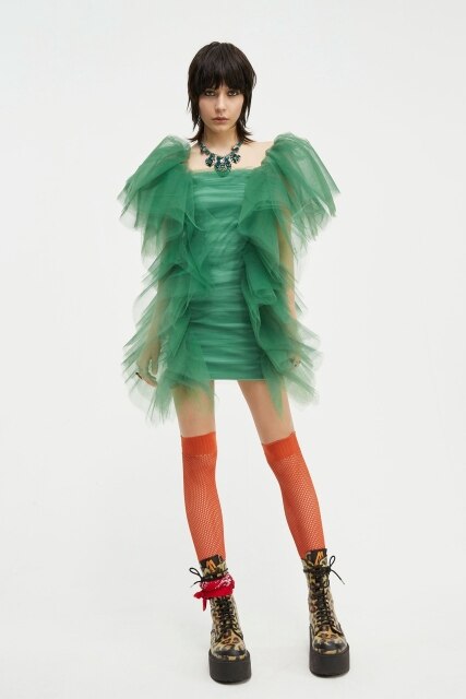 green tulle ruffle mini dress