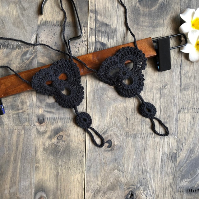 handmade crochet anklet foot sandals black / one size