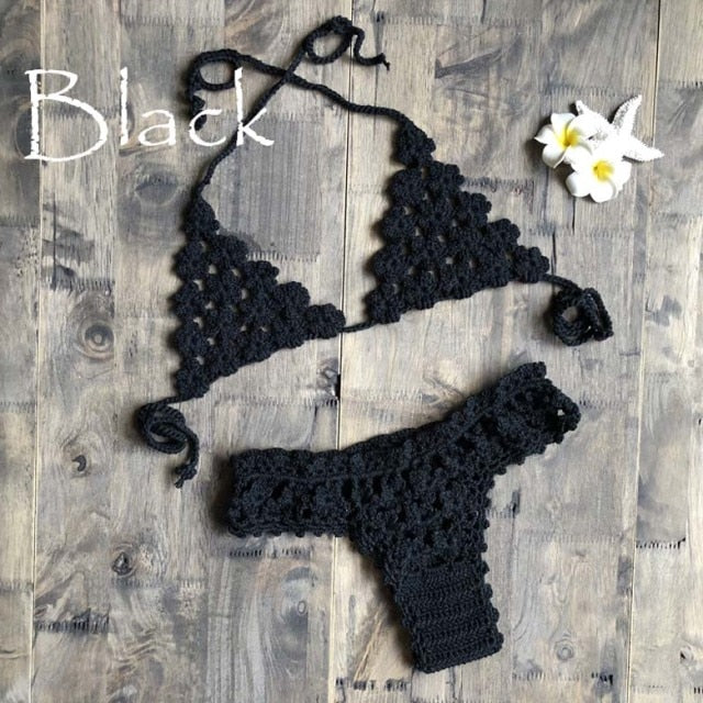 flower crochet backless bras thong bottoms