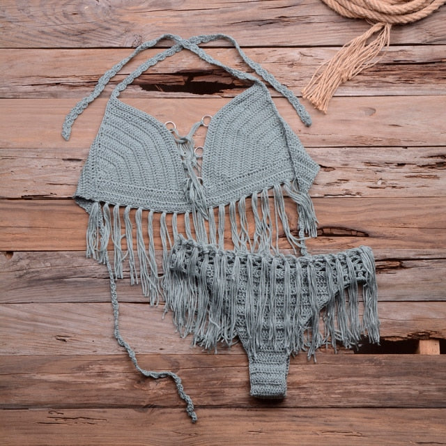 crochet knitted tassel bikini set