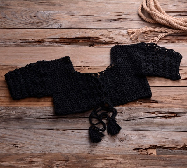 crochet bikini cover up skirt boho set black cover-up / one size