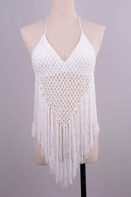 crochet cut out tassel set top white / one size