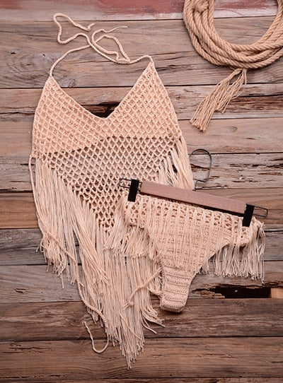 crochet cut out tassel set bikini set apircot / one size