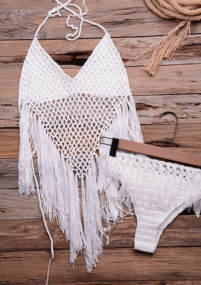 crochet cut out tassel set bikini set white / one size