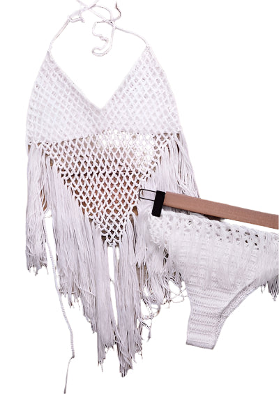 crochet cut out tassel set bikini set white / one size