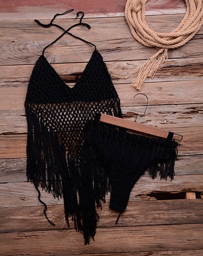 crochet cut out tassel set bikini set black / one size