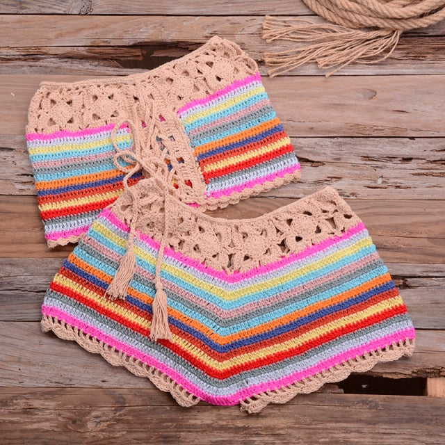 handmade crochet knitted bikini short set beige / one size