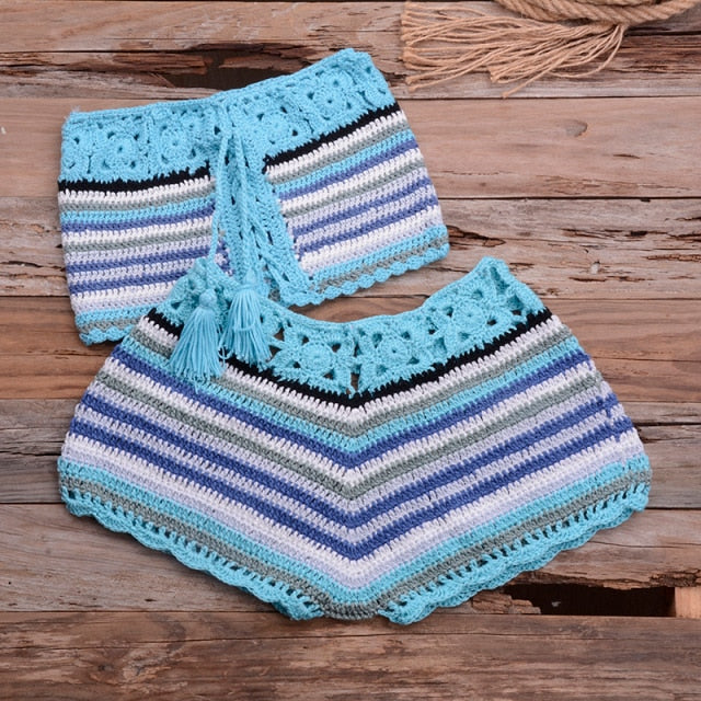 handmade crochet knitted bikini short set sky blue / one size