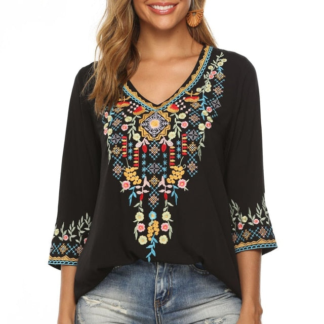 boho floral embroidery blouse