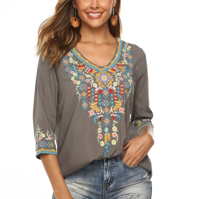 boho floral embroidery blouse