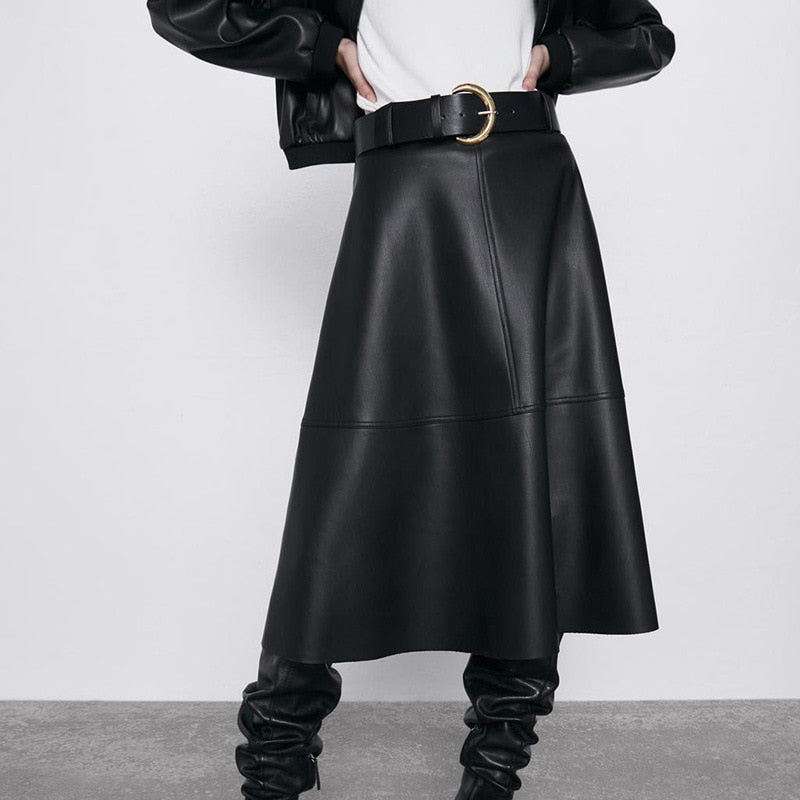 pu-leather mid-calf umbrella skirt