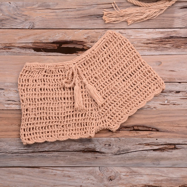 crochet hollow out tassel  set khaki bottom / one size