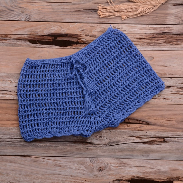 crochet hollow out tassel  set blue bottom / one size