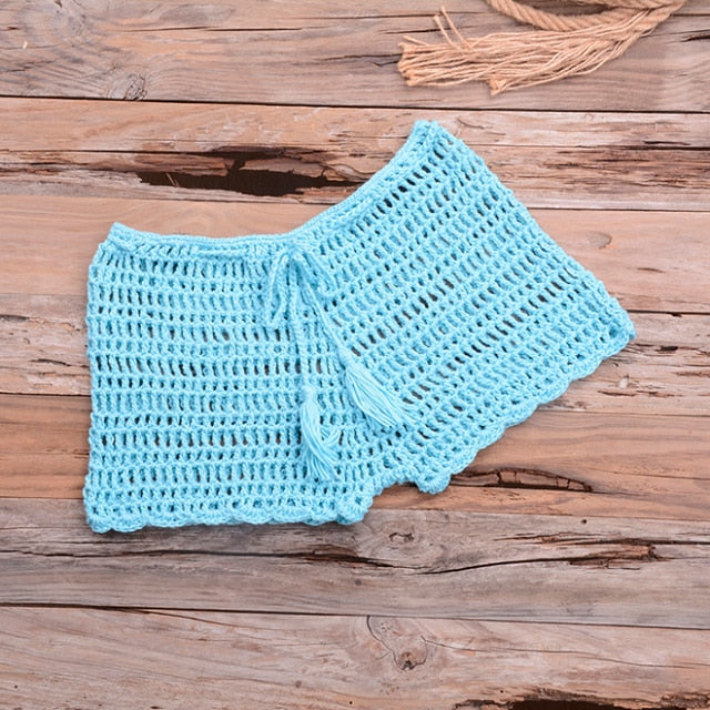 crochet hollow out tassel  set sky blue bottom / one size