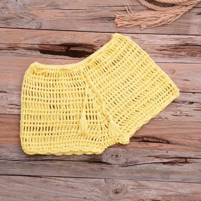 crochet hollow out tassel  set yellow bottom / one size