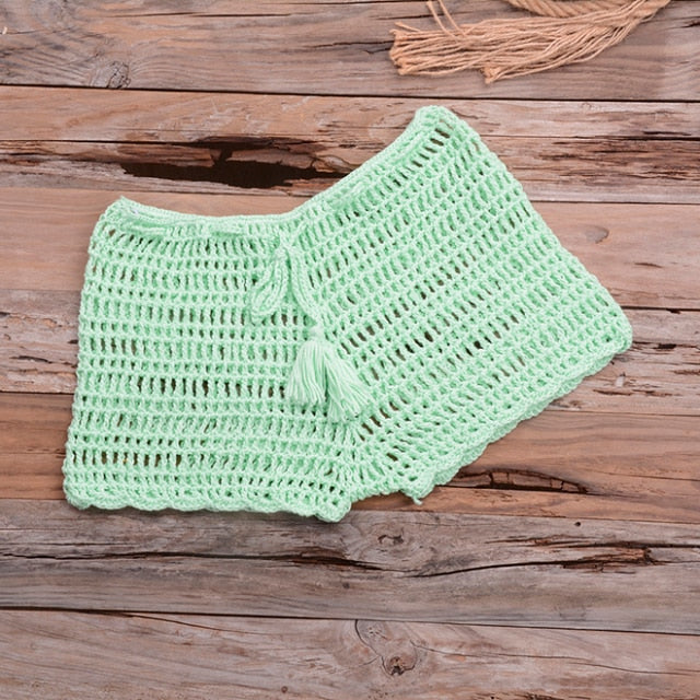 crochet hollow out tassel  set light green bottom / one size