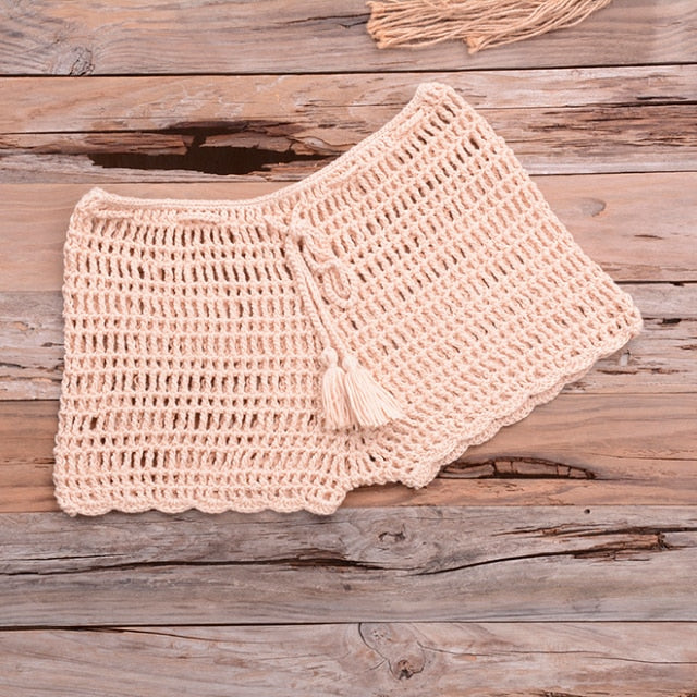 crochet hollow out tassel  set beige bottom / one size
