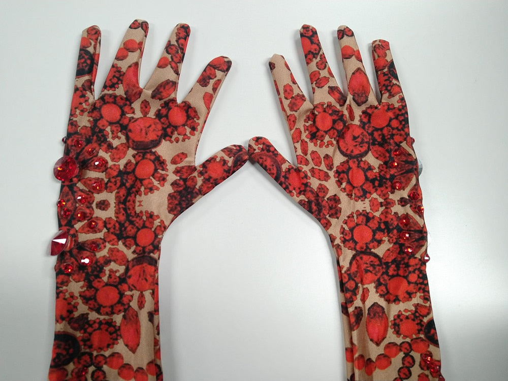 red floral rhinestone long gloves