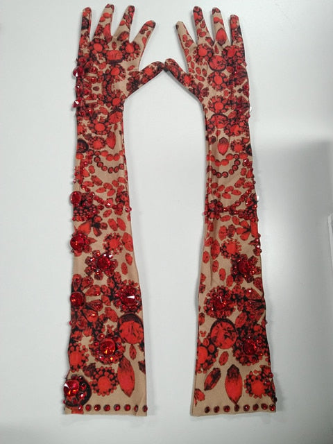 red floral rhinestone long gloves default title