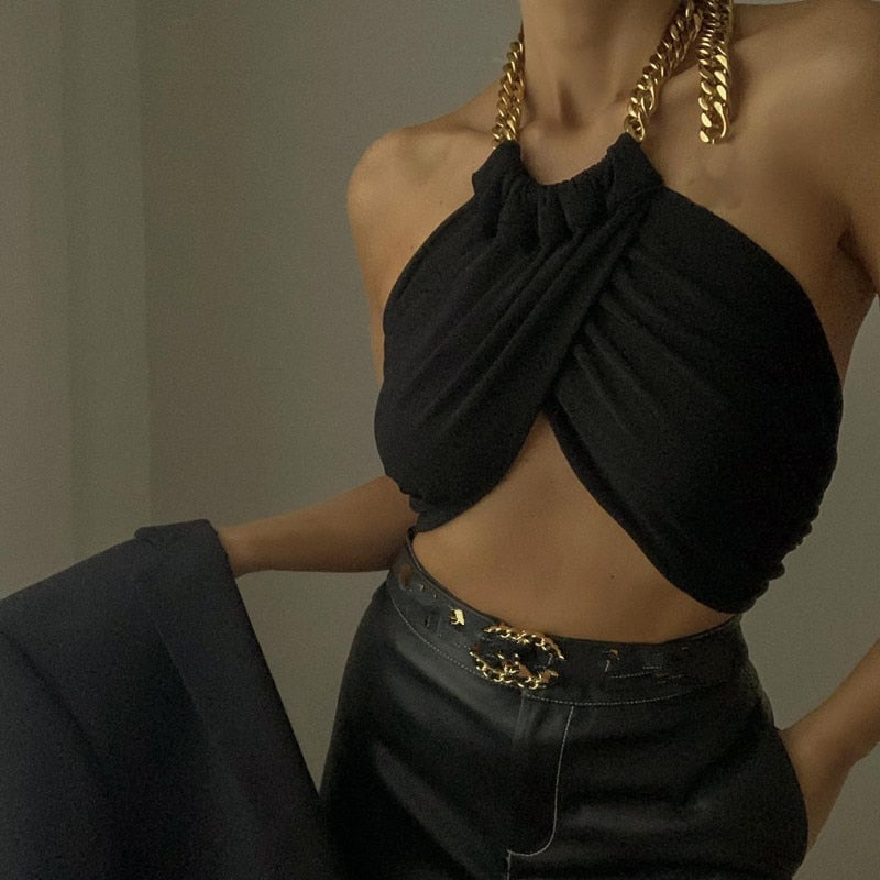 black halter chain crop top