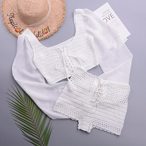 crochet lantern sleeve crop set white bikini set / one size