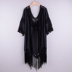 lace tunic cut out tassel robe black / one size