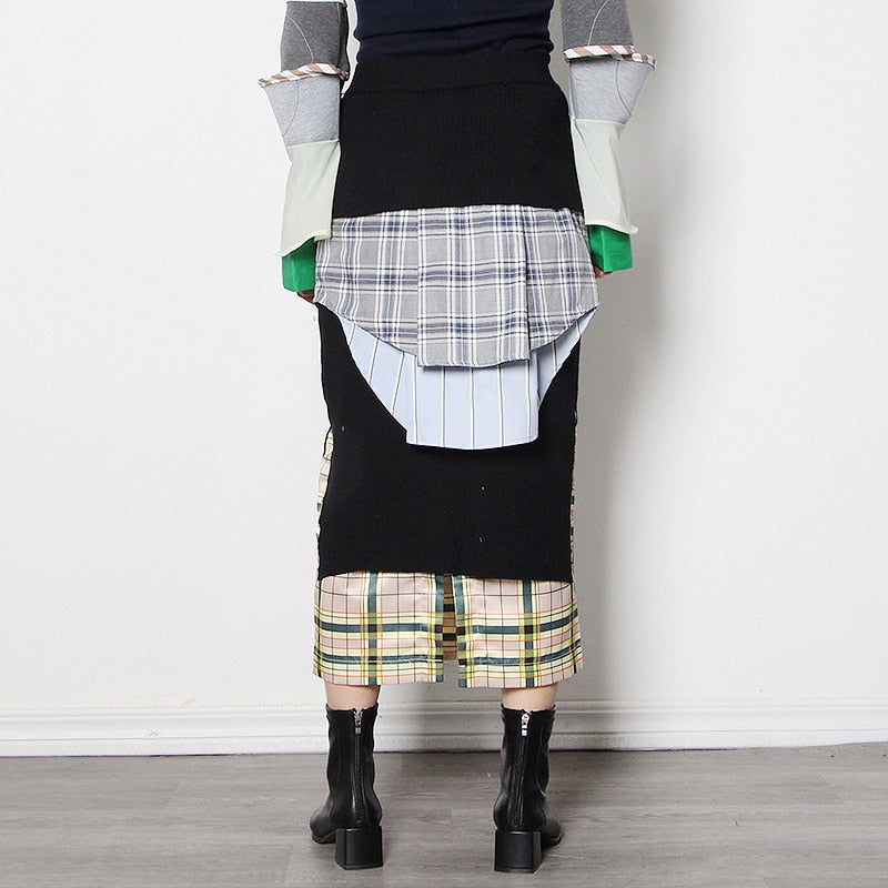 patchwork plaid split a line skirt