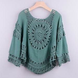 hollow out crochet blouse lake green / one size