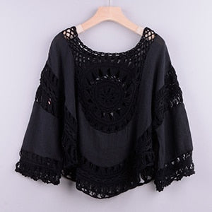 hollow out crochet blouse black / one size