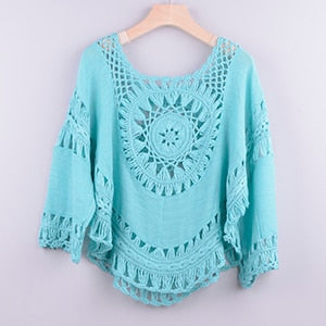 hollow out crochet blouse sky blue / one size